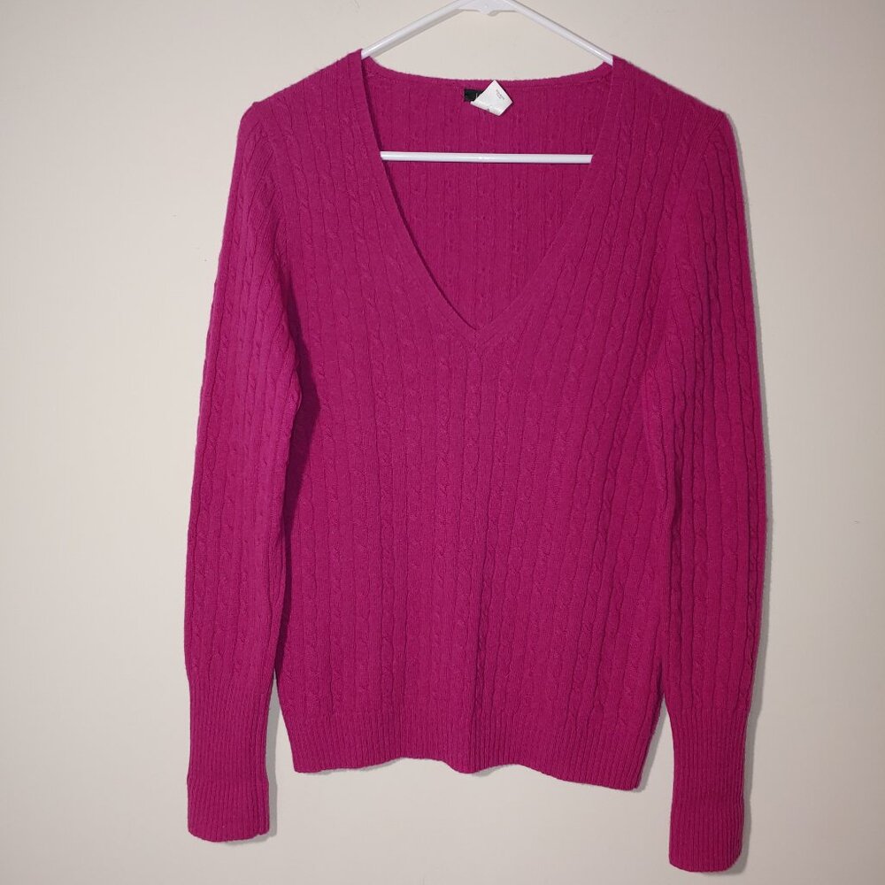 J.Crew Cashmere Wool Blend Cable Knit V-Neck Sweater Size M Fuchsia Pink